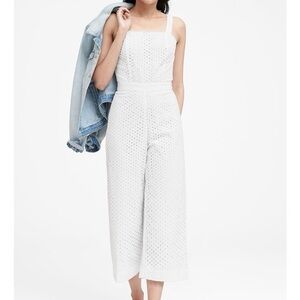 Banana Republic White Eyelet Lace Wide Leg Sleeveless Square Neck Crop Jumpsuit